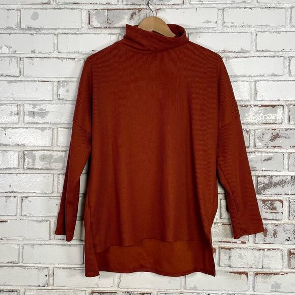 Rae Republic Burnt Orange Fall Drop Shoulder Long Sleeve Textured Mock-neck Top - Picture 2 of 8